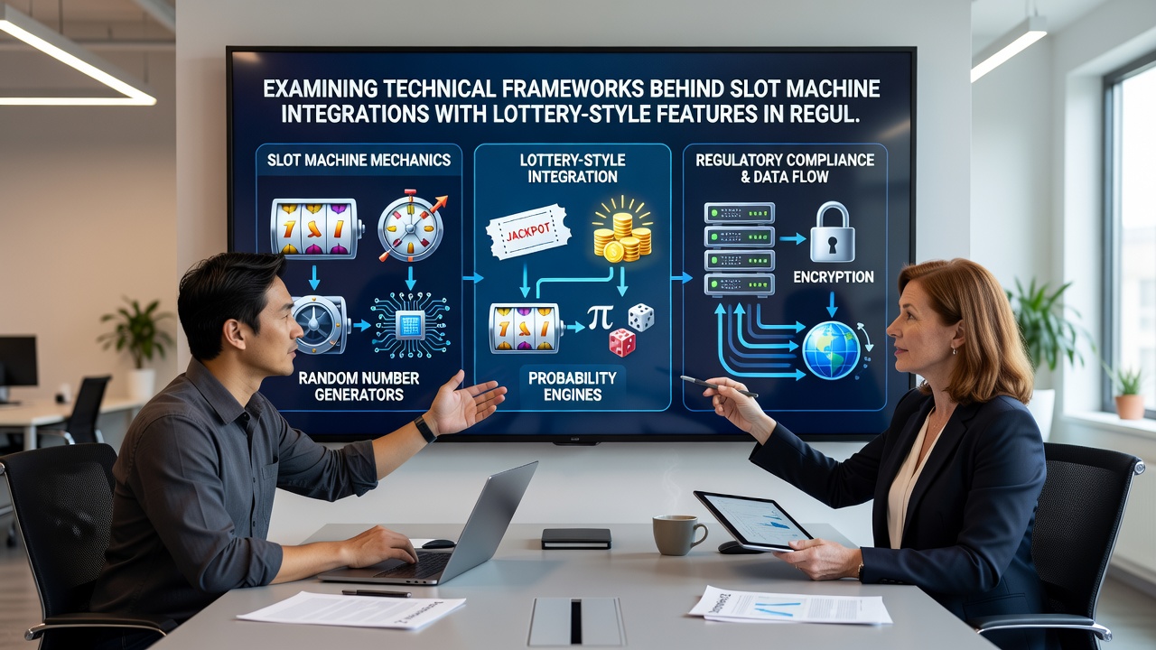 Server rack and network diagram illustrating lottery feature synchronization in European regulated gaming infrastructure